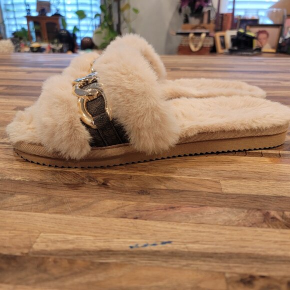 Michael Kors Scarlett Chain Cozy Faux Fur Slippers in camel multi color - Picture 5 of 16